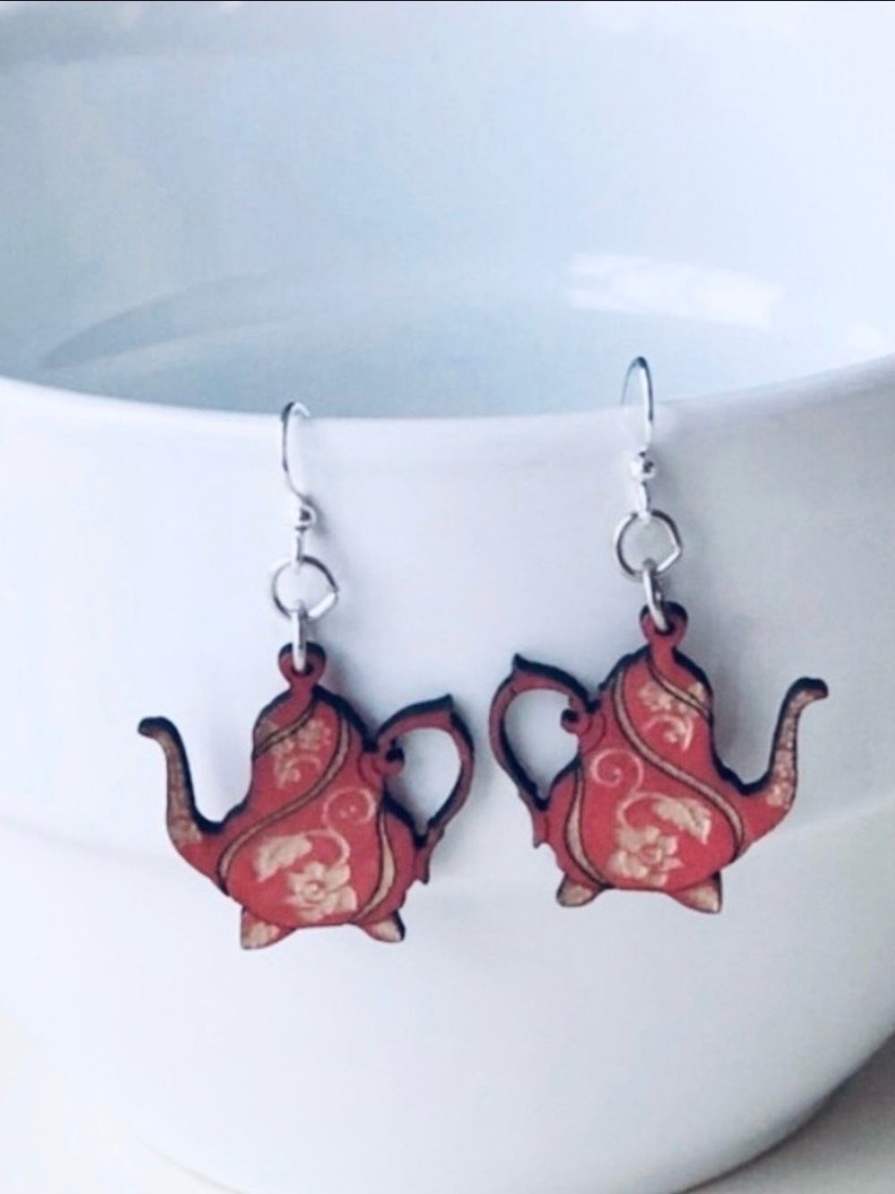 Green Tree Earrings Small Red Wood Teapot Lightweight